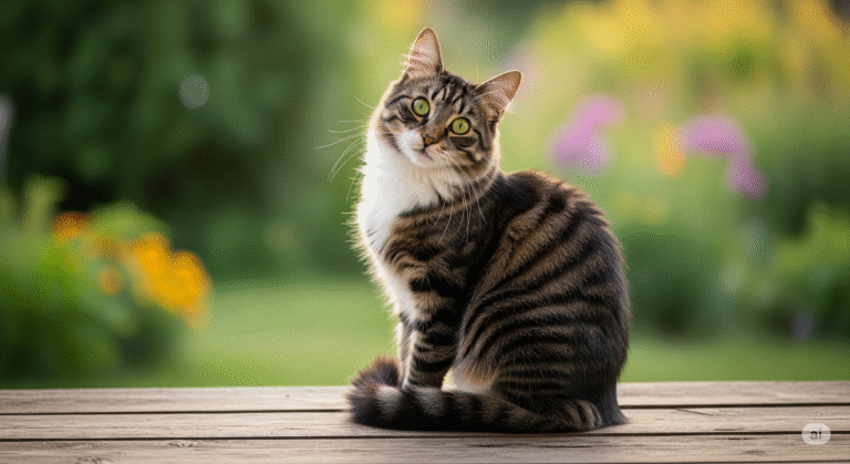 Kot siedzący na zewnątrz w ogrodzie