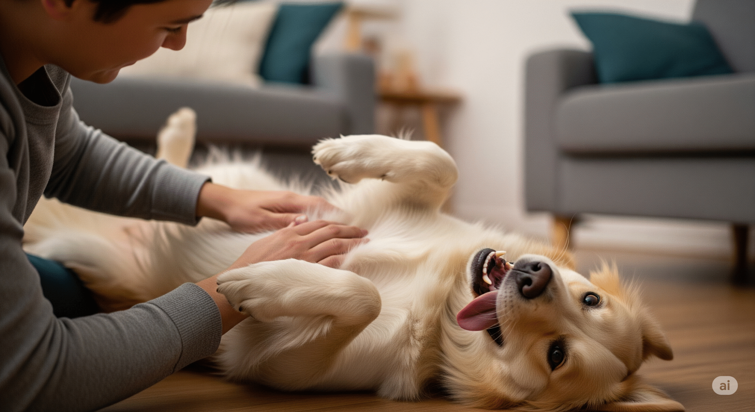 pies głaskany po brzuchu przez właściciela