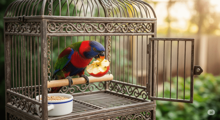 Papuga siedzi w klatce i je jabłko