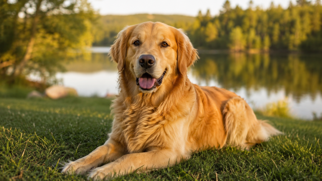 Realistyczna grafika przedstawia dorosłego psa rasy Golden Retriever leżącego na zielonej trawie nad spokojnym jeziorem