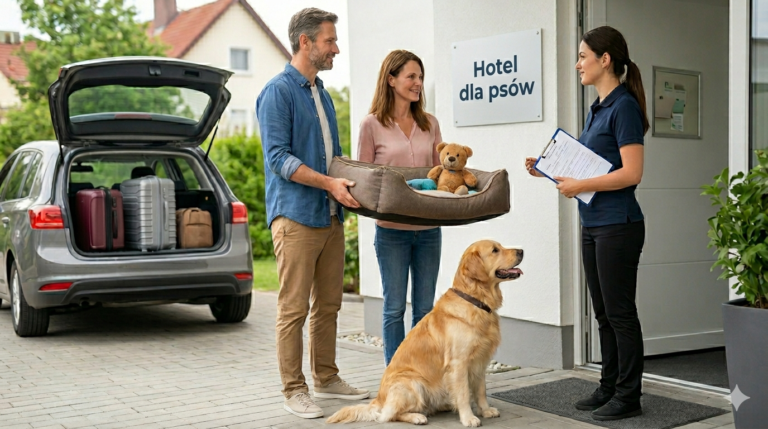 Ilustracja przedstawia realistyczną, dzienną scenę rozgrywającą się przed nowoczesnym budynkiem – prawdopodobnie hotelem dla psów