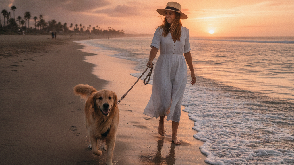 Obraz przedstawia kobietę i psa rasy golden retriever, spacerujących wzdłuż plaży podczas zachodu słońca